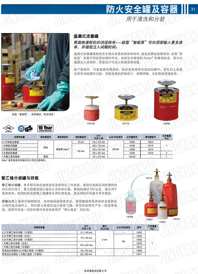 美國杰斯瑞特，JUSTRITE，活塞安全罐，盛漏式活塞罐，化學(xué)品分裝罐，